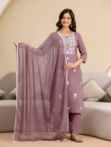Darkpeach Cambric Cotton Embroidery Salwar Suit With Dupatta Set For Women's