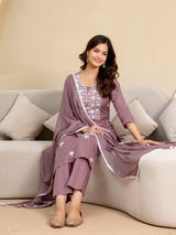 Darkpeach Cambric Cotton Embroidery Salwar Suit With Dupatta Set For Women's