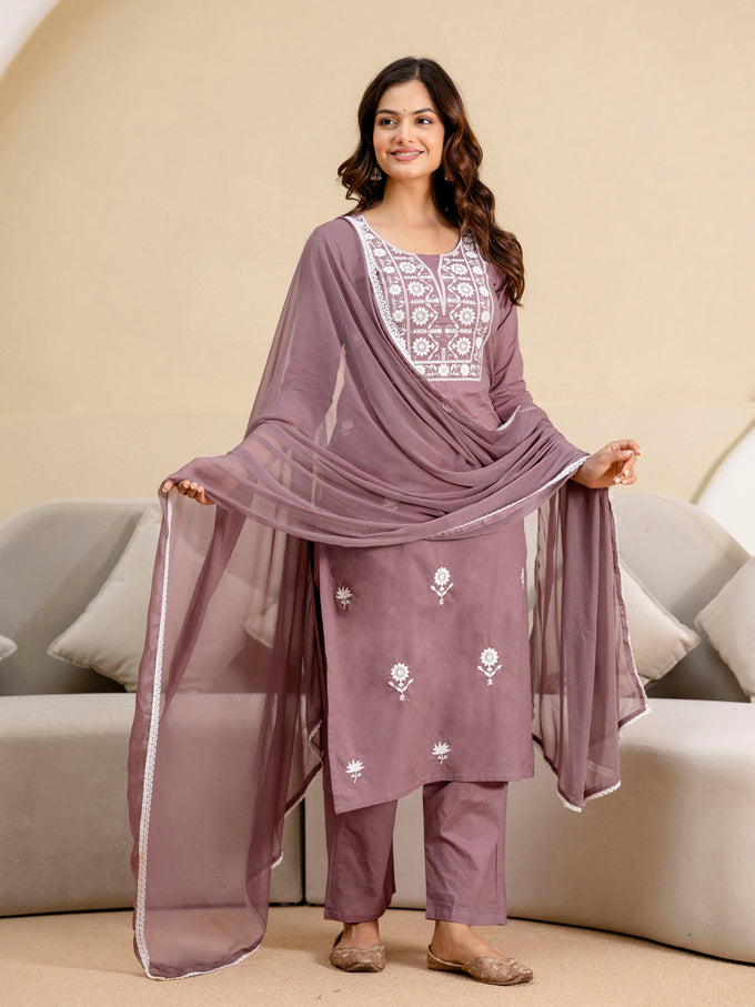Darkpeach Cambric Cotton Embroidery Salwar Suit With Dupatta Set For Women's Trendmalls