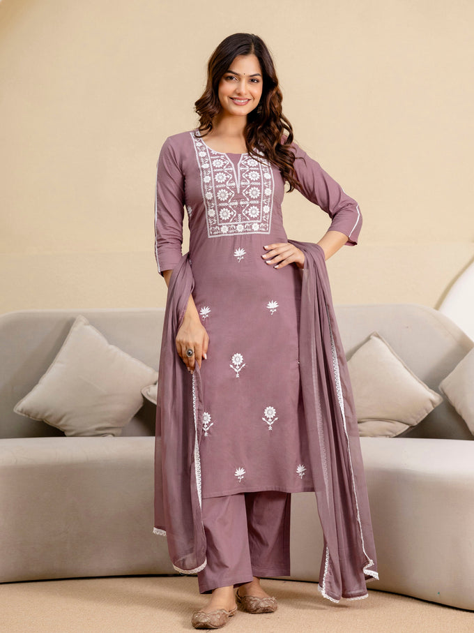 Darkpeach Cambric Cotton Embroidery Salwar Suit With Dupatta Set For Women's Trendmalls