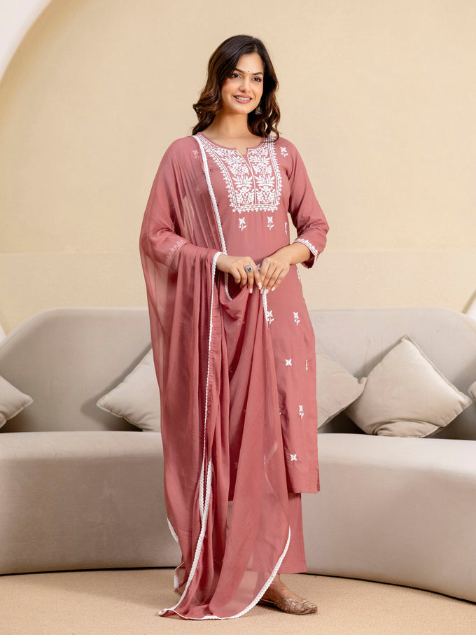 Darkpeach Cambric Cotton Embroidery Salwar Suit With Dupatta Set For Women's Trendmalls