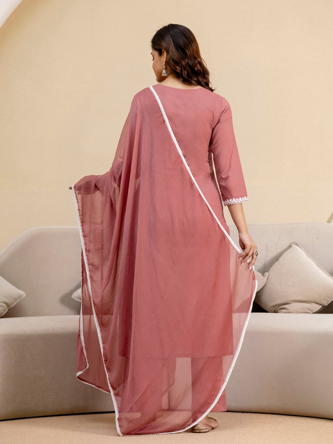 Darkpeach Cambric Cotton Embroidery Salwar Suit With Dupatta Set For Women's Trendmalls