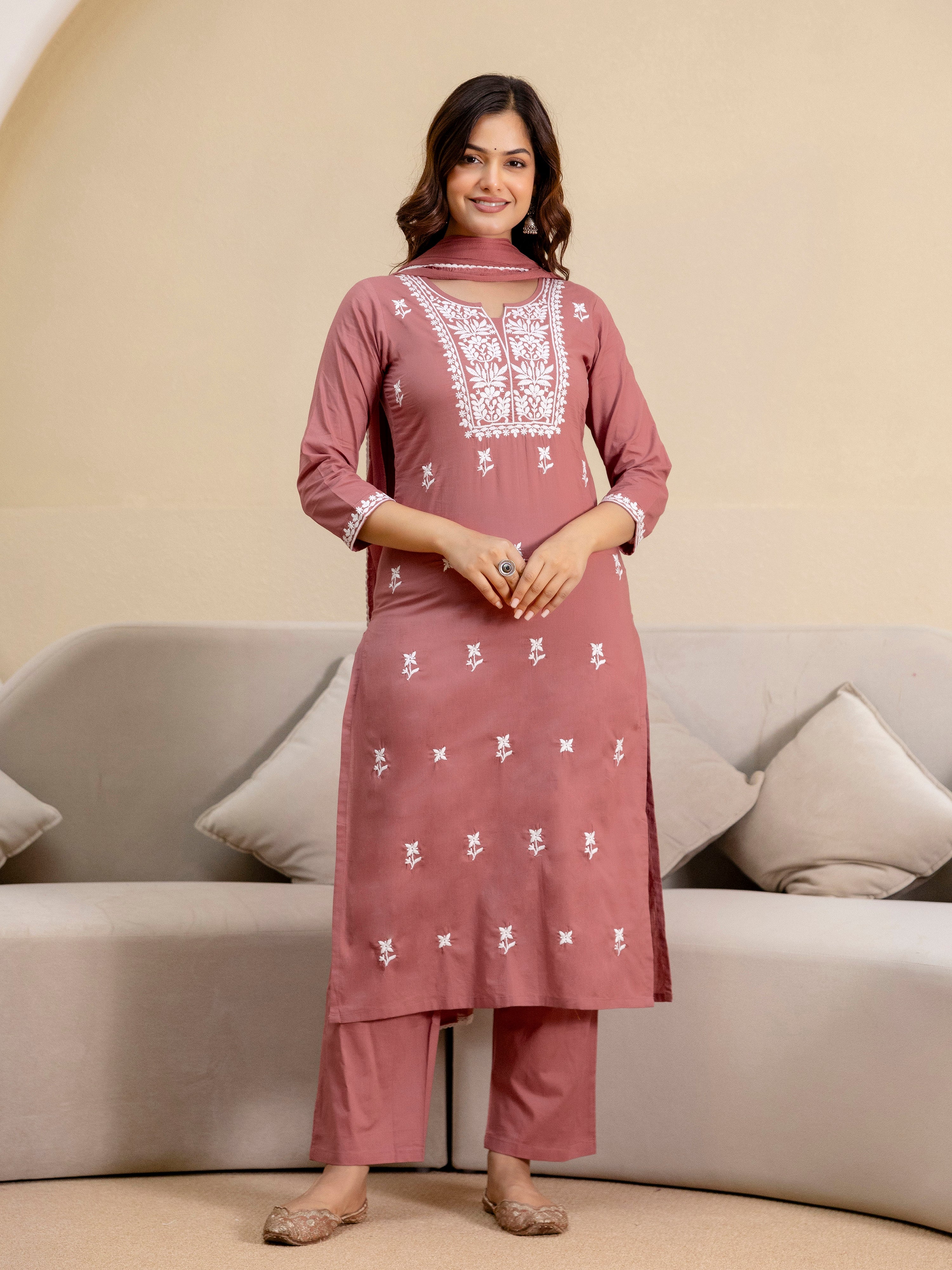 Darkpeach Cambric Cotton Embroidery Salwar Suit With Dupatta Set For Women's Trendmalls