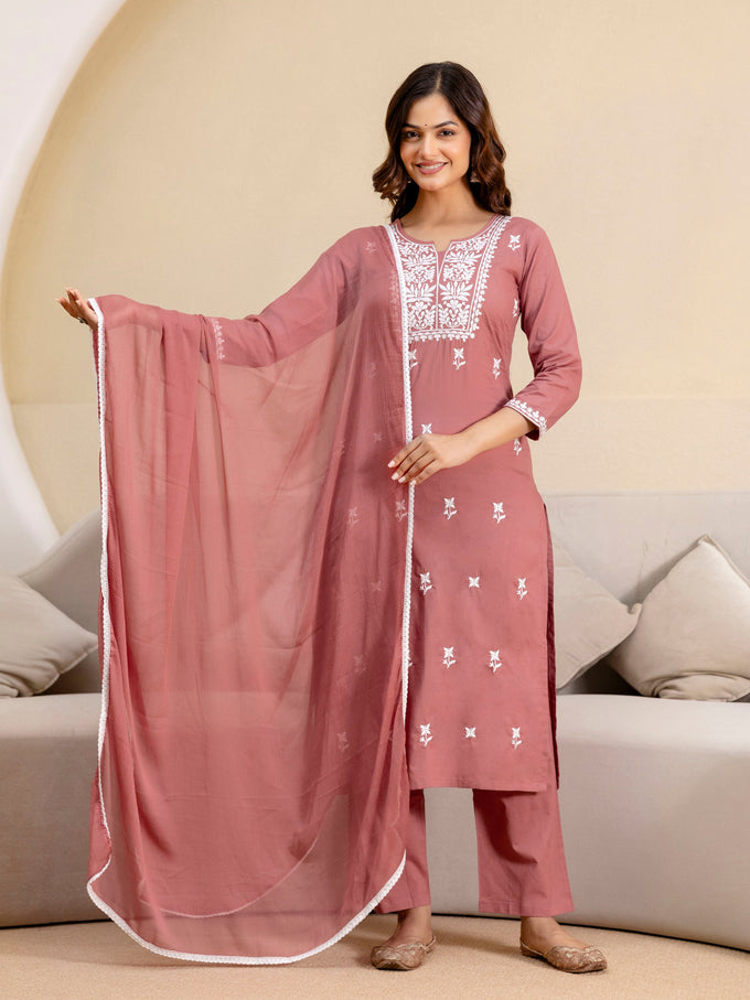Darkpeach Cambric Cotton Embroidery Salwar Suit With Dupatta Set For Women's Trendmalls