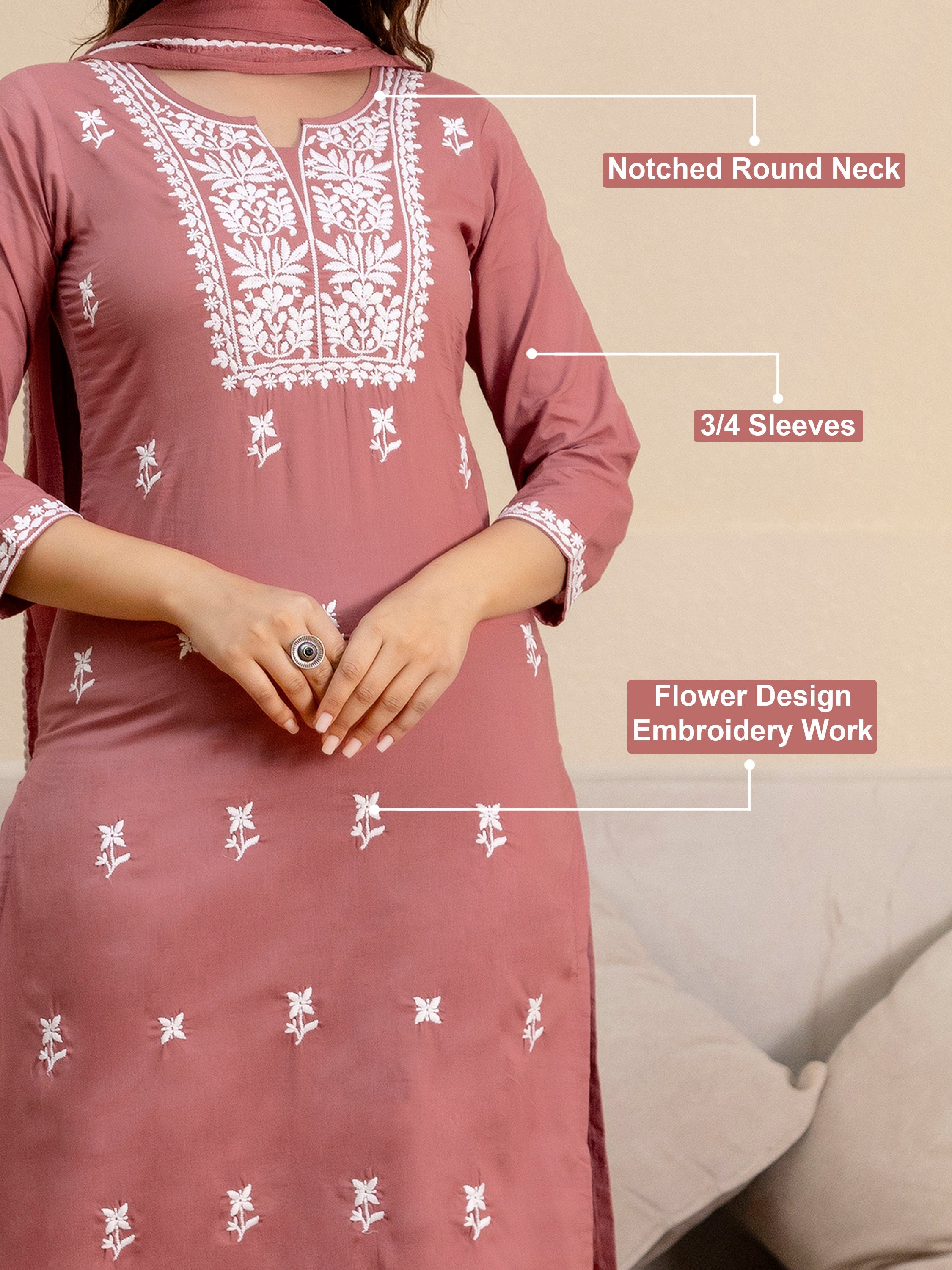 Darkpeach Cambric Cotton Embroidery Salwar Suit With Dupatta Set For Women's Trendmalls