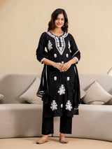 Black Cambric Cotton Embroidery Salwar Suit With Dupatta Set