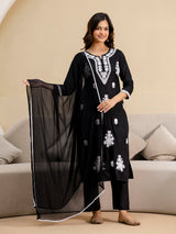 Black Cambric Cotton Embroidery Salwar Suit With Dupatta Set
