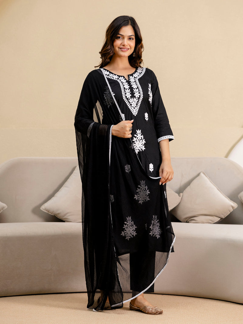 Black Cambric Cotton Embroidery Salwar Suit With Dupatta Set