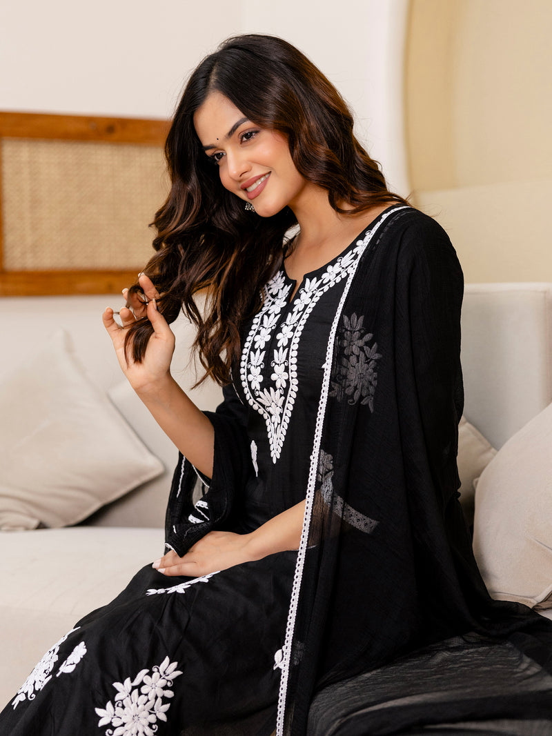 Black Cambric Cotton Embroidery Salwar Suit With Dupatta Set