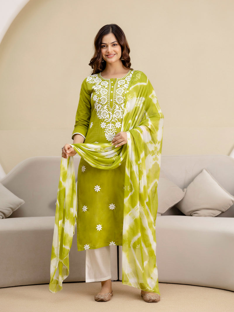 LightGreen Cotton Embroidery Salwar Suit with Dupatta Set For Women's