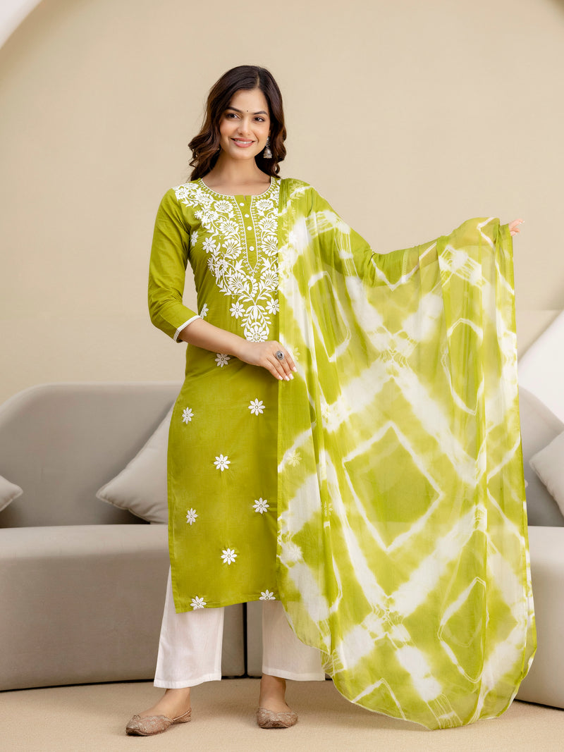 LightGreen Cotton Embroidery Salwar Suit with Dupatta Set For Women's