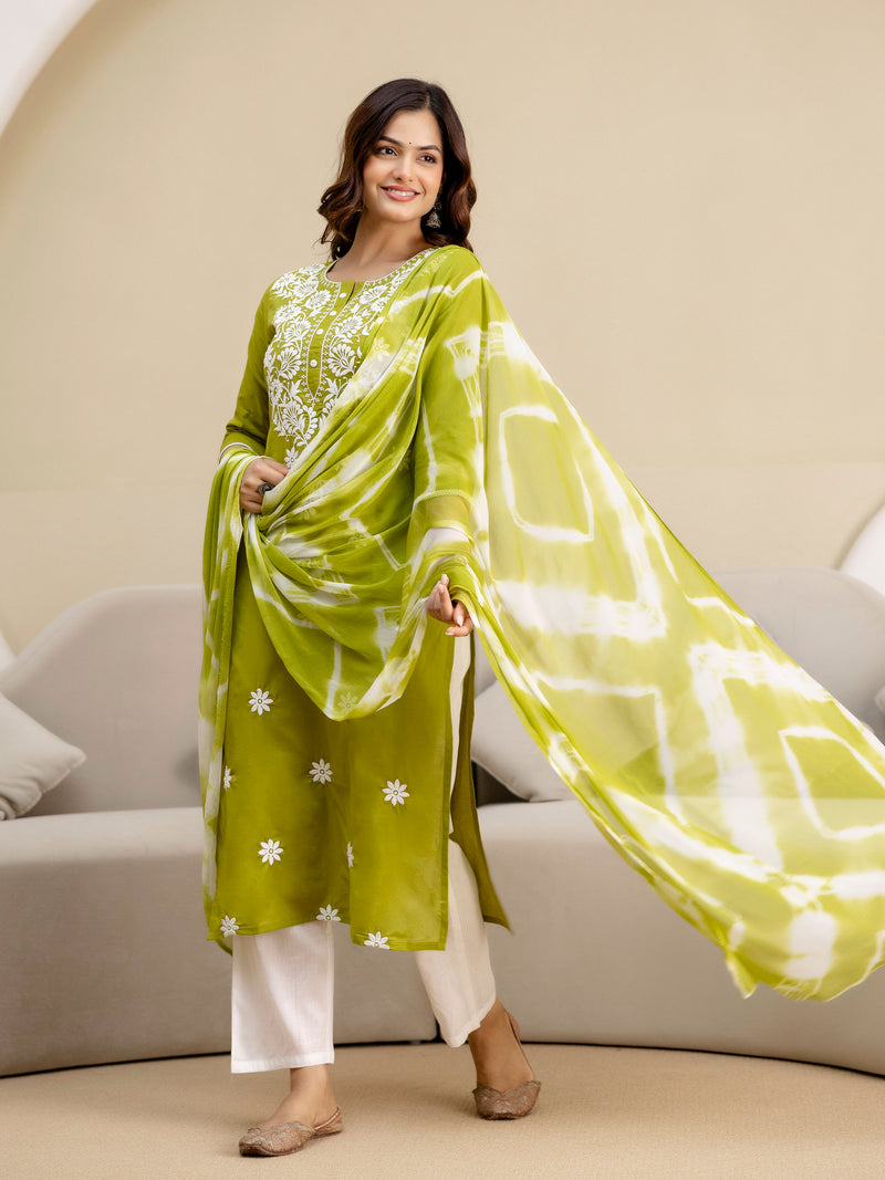 LightGreen Cotton Embroidery Salwar Suit with Dupatta Set For Women's