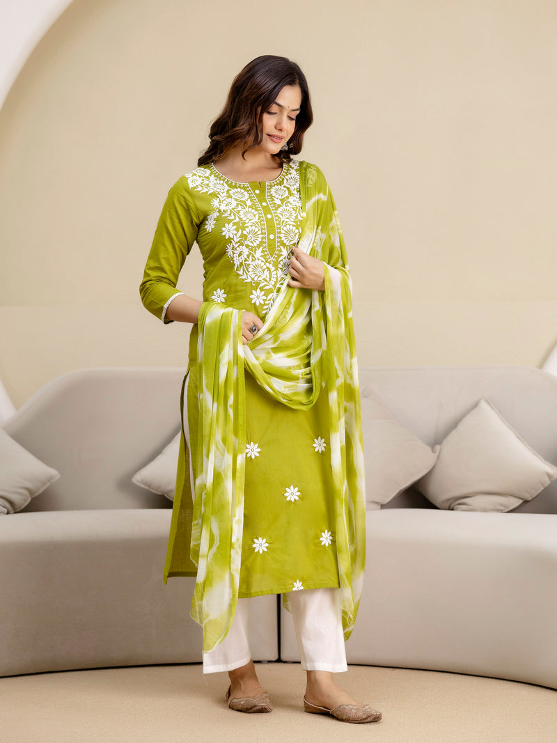 LightGreen Cotton Embroidery Salwar Suit with Dupatta Set For Women's