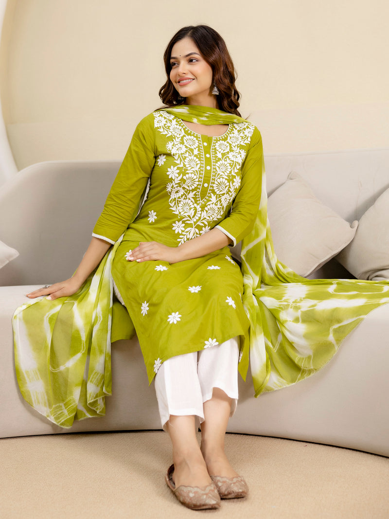 LightGreen Cotton Embroidery Salwar Suit with Dupatta Set For Women's