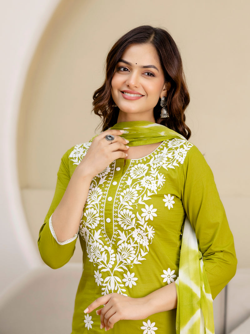 LightGreen Cotton Embroidery Salwar Suit with Dupatta Set For Women's