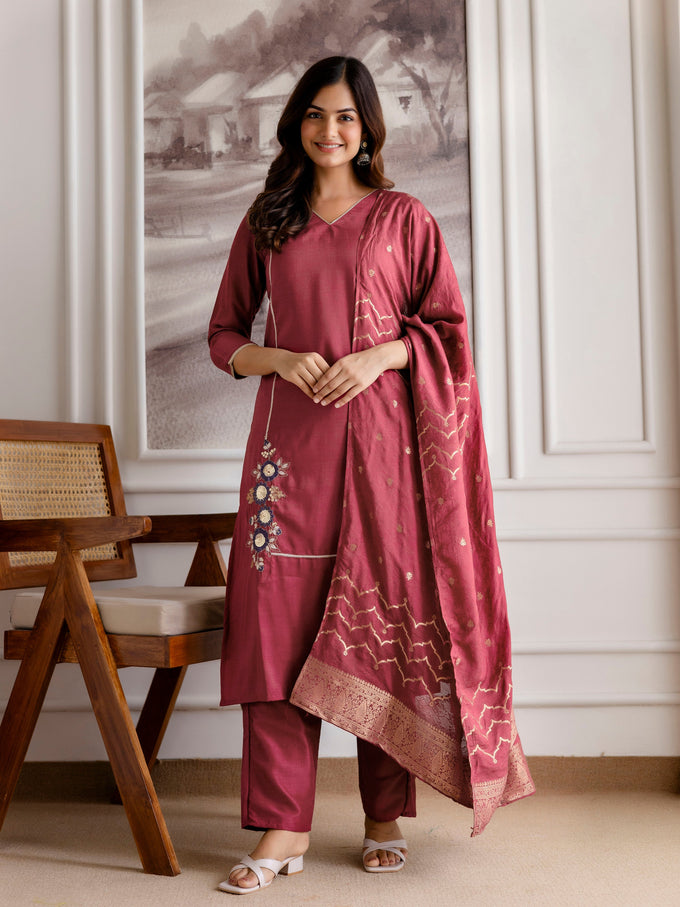 Maroon Chinon Embroidery Salwar Suit with Dupatta Set For Women's Trendmalls