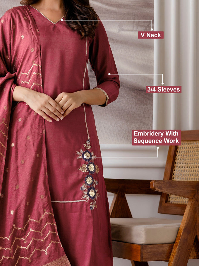 Maroon Chinon Embroidery Salwar Suit with Dupatta Set For Women's Trendmalls
