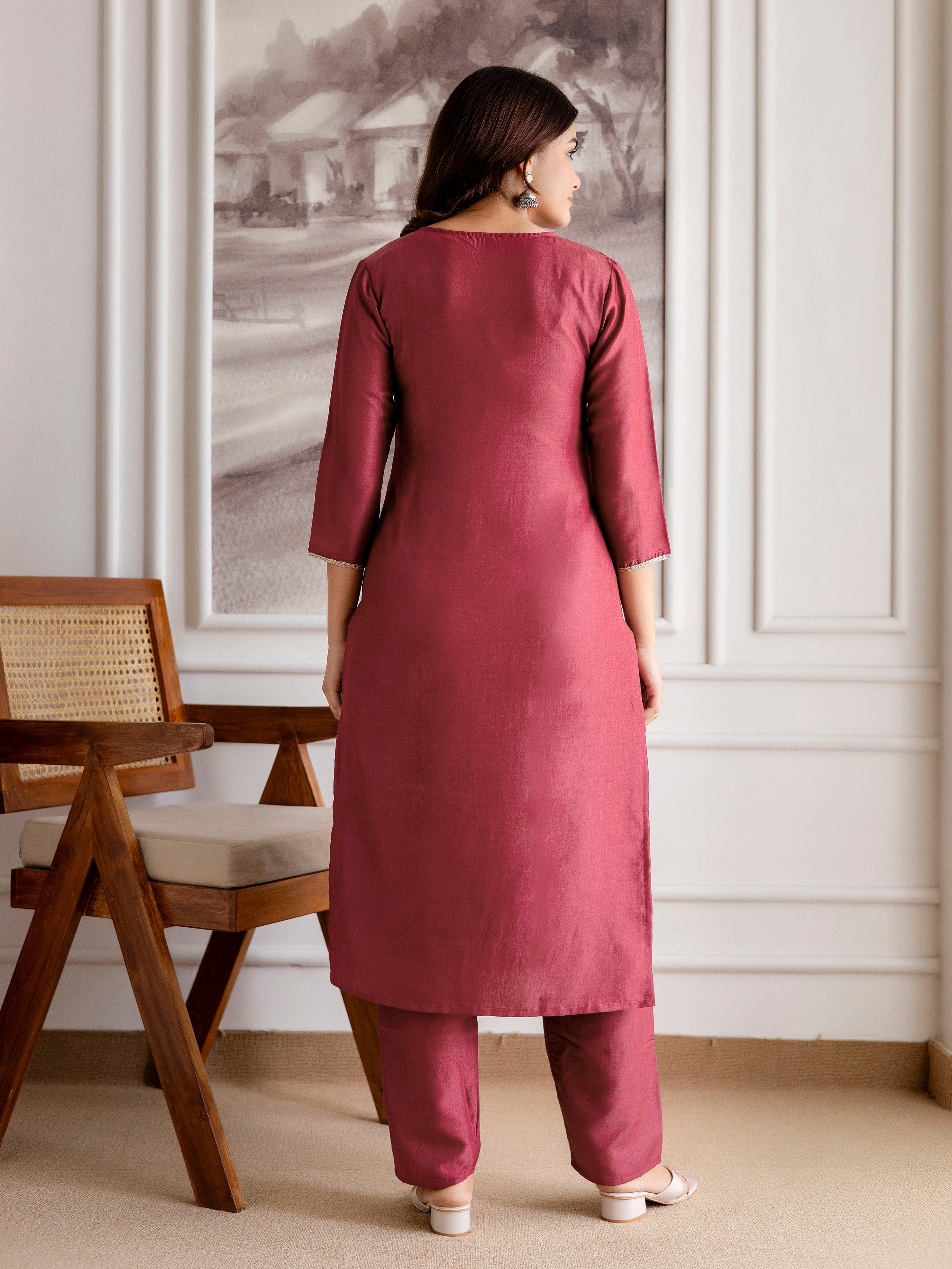 Maroon Chinon Embroidery Salwar Suit with Dupatta Set For Women's Trendmalls