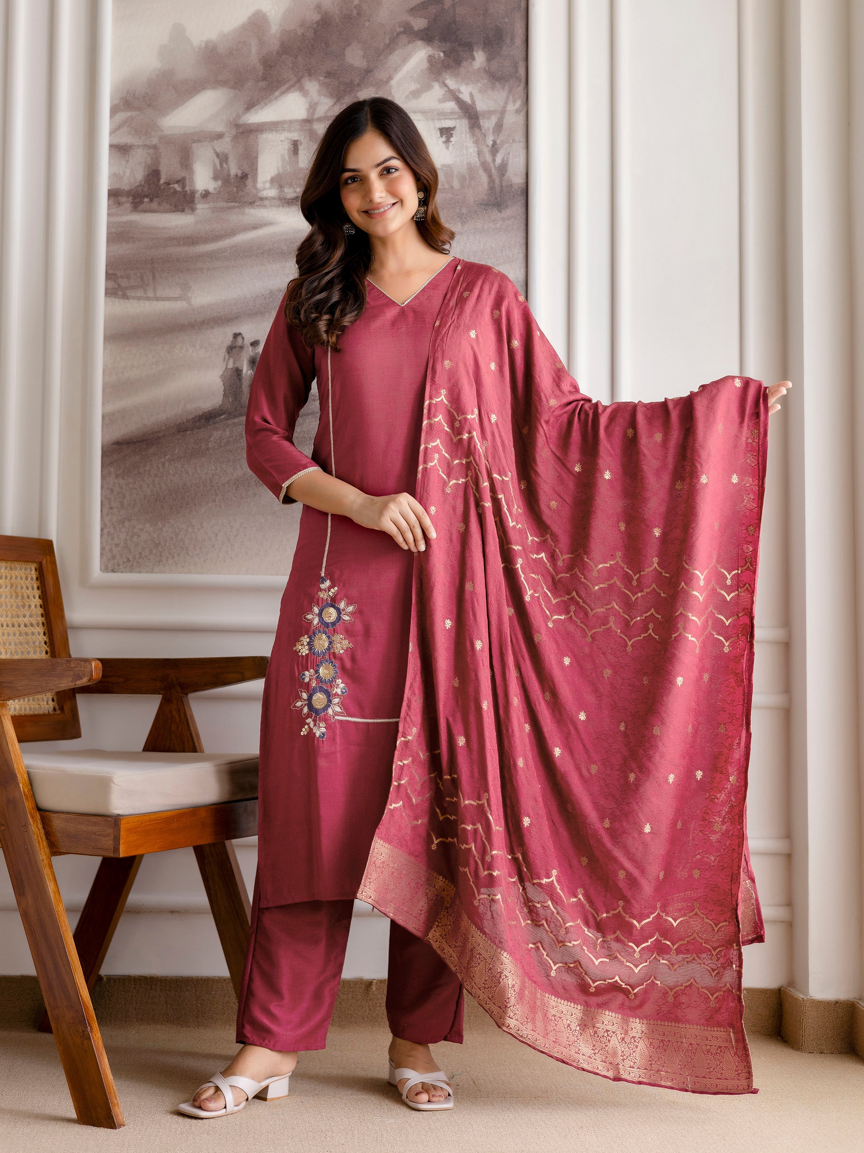 Maroon Chinon Embroidery Salwar Suit with Dupatta Set For Women's Trendmalls