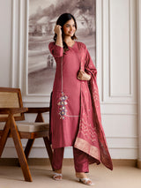 Maroon Chinon Embroidery Salwar Suit with Dupatta Set For Women's