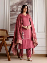 Maroon Chinon Embroidery Salwar Suit with Dupatta Set For Women's
