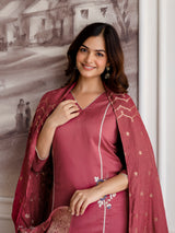 Maroon Chinon Embroidery Salwar Suit with Dupatta Set For Women's