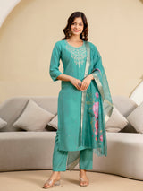 Women's Roman Silk Embroidery Salwar Suit with Floral Print Dupatta Set