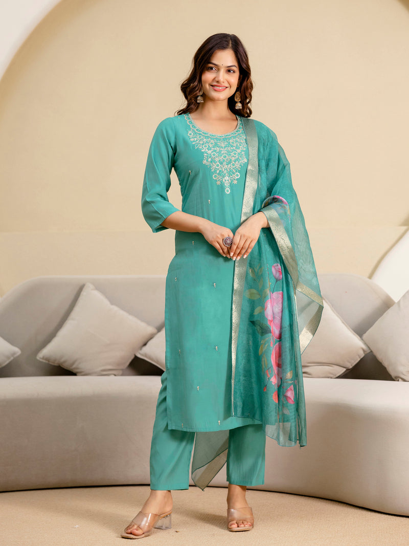 Women's Roman Silk Embroidery Salwar Suit with Floral Print Dupatta Set