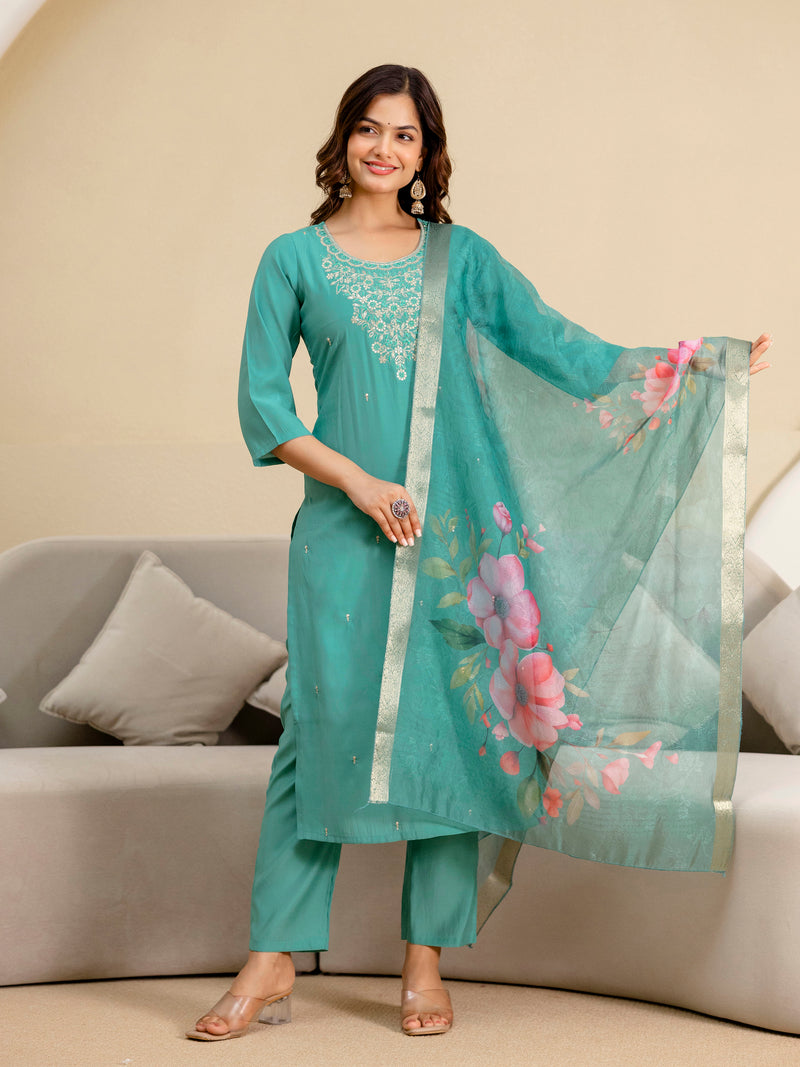 Women's Roman Silk Embroidery Salwar Suit with Floral Print Dupatta Set