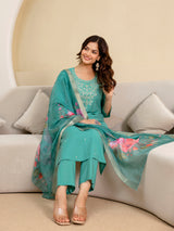 Women's Roman Silk Embroidery Salwar Suit with Floral Print Dupatta Set