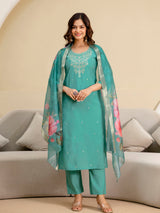 Women's Roman Silk Embroidery Salwar Suit with Floral Print Dupatta Set