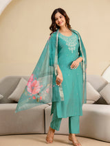 Women's Roman Silk Embroidery Salwar Suit with Floral Print Dupatta Set