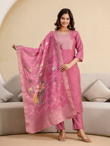 Pink Roman Silk Embroidery Salwar Suit with Floral Print Dupatta Set For Women's