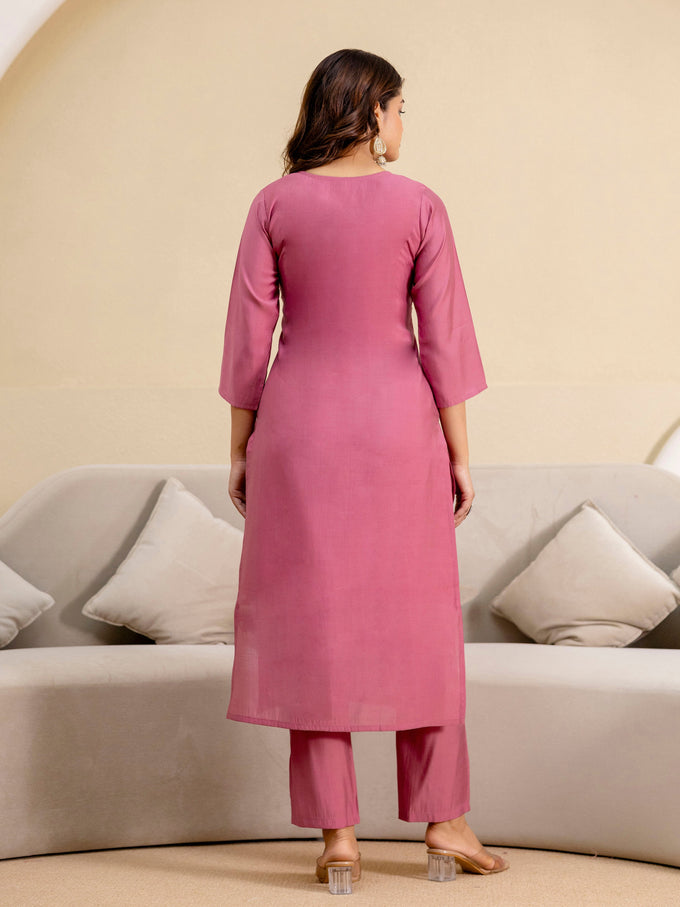 Pink Roman Silk Embroidery Salwar Suit with Floral Print Dupatta Set For Women's Trendmalls