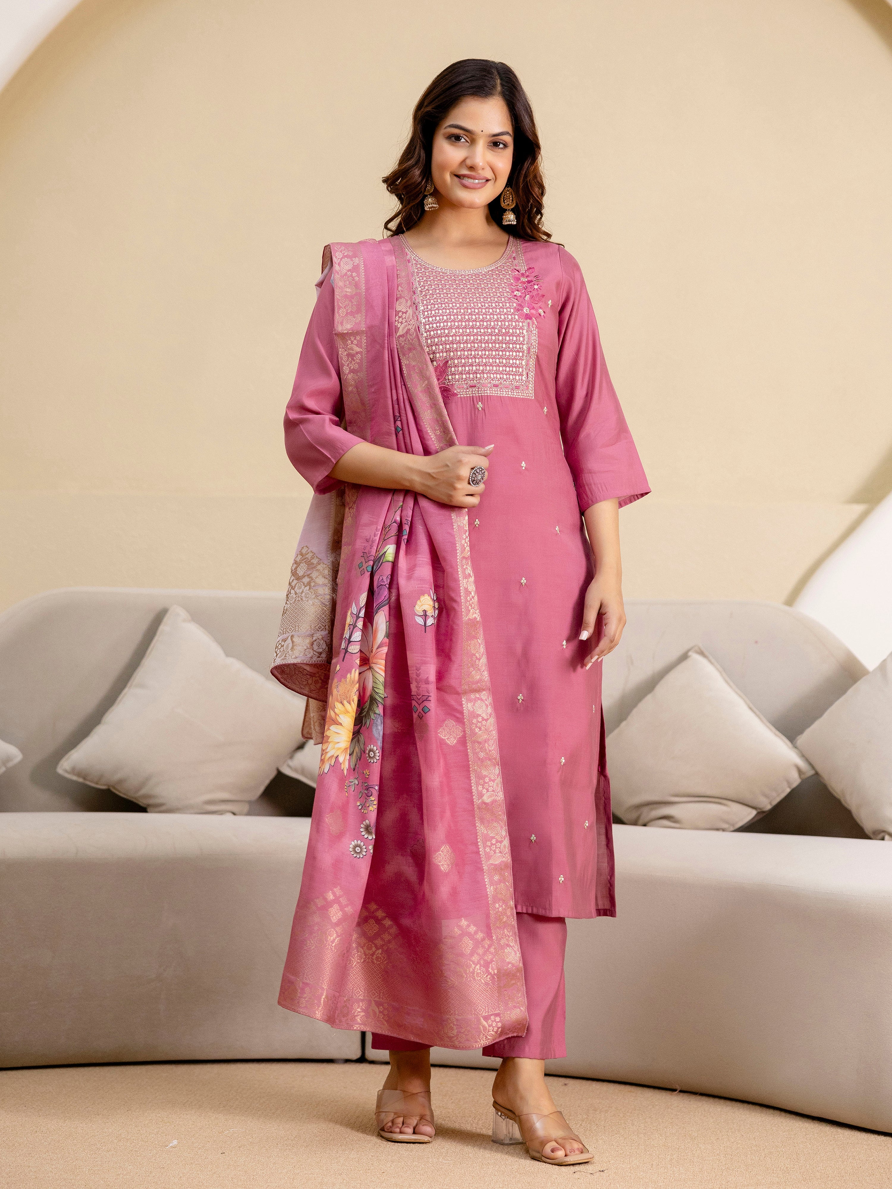 Pink Roman Silk Embroidery Salwar Suit with Floral Print Dupatta Set For Women's Trendmalls