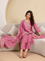 Pink Roman Silk Embroidery Salwar Suit with Floral Print Dupatta Set For Women's