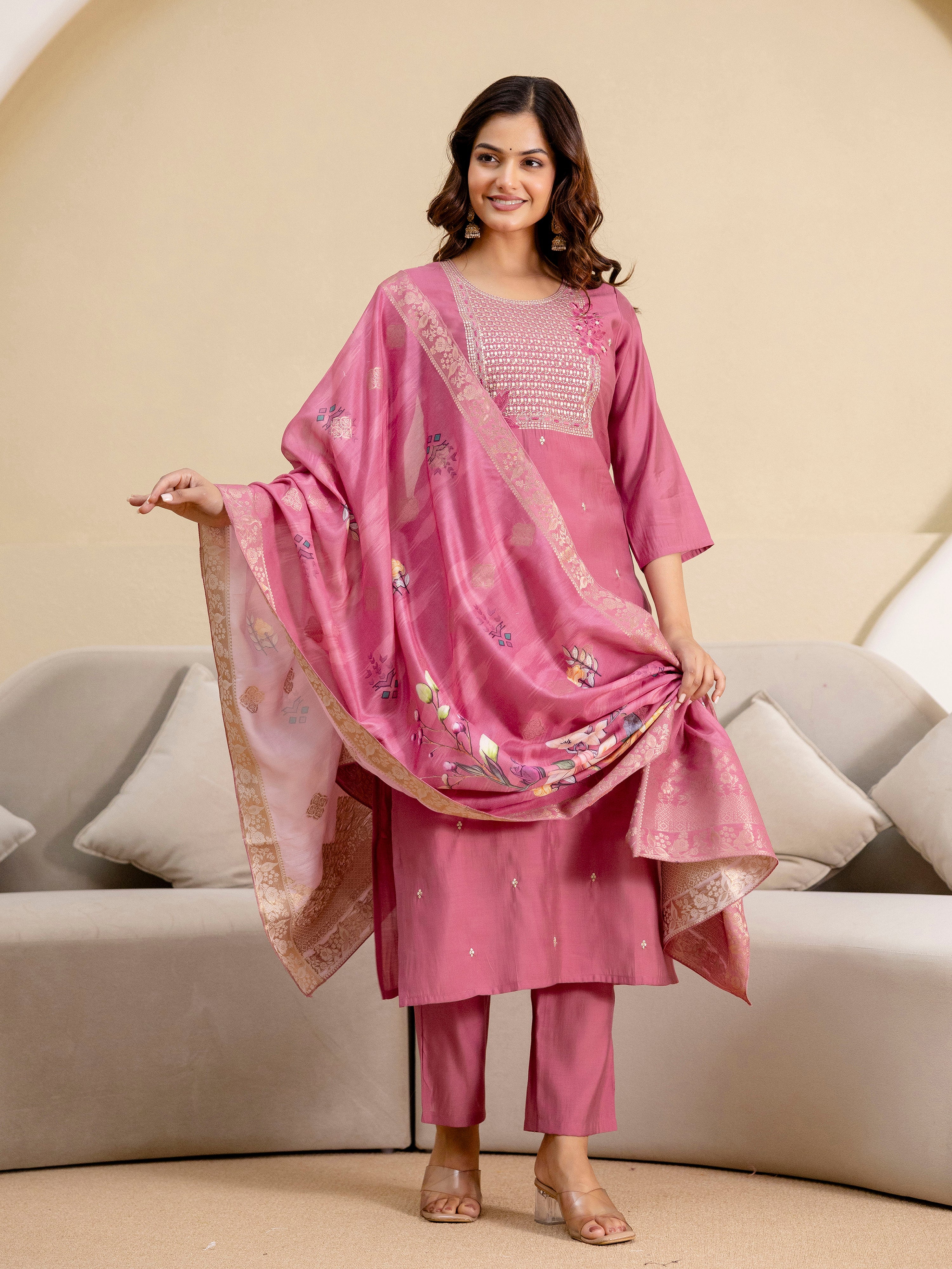 Pink Roman Silk Embroidery Salwar Suit with Floral Print Dupatta Set For Women's Trendmalls