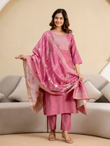 Pink Roman Silk Embroidery Salwar Suit with Floral Print Dupatta Set For Women's
