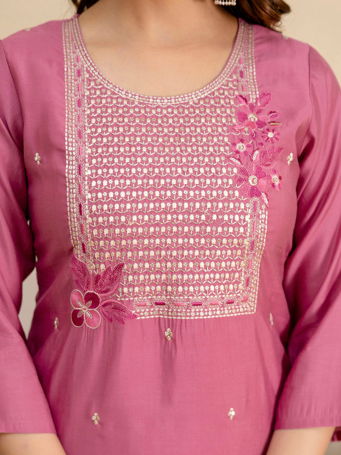 Pink Roman Silk Embroidery Salwar Suit with Floral Print Dupatta Set For Women's Trendmalls