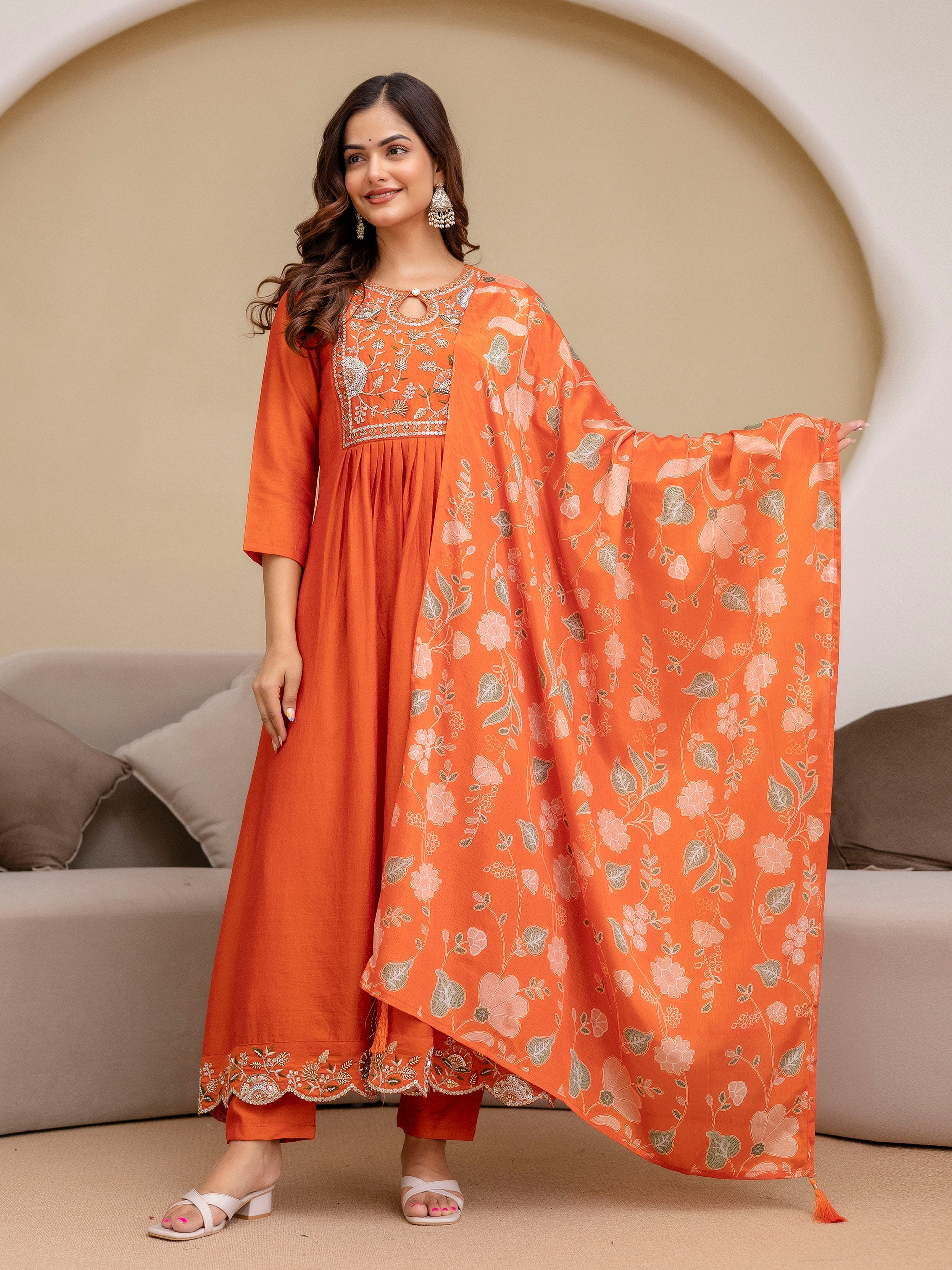 Orange Art Silk Hand Work Embroidery Anarkali Kurta Pant with Dupatta Trendmalls