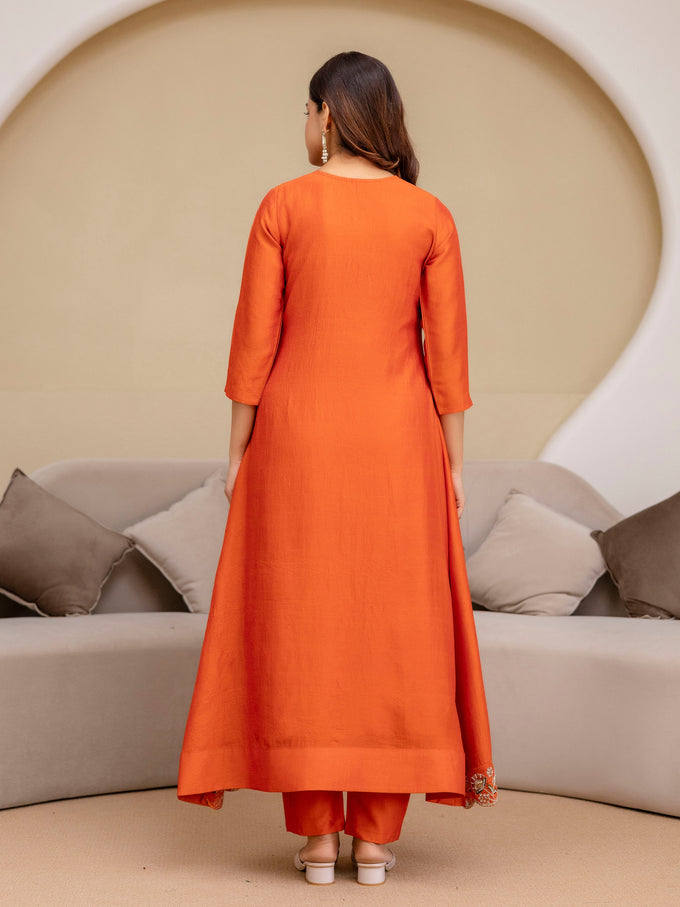 Orange Art Silk Hand Work Embroidery Anarkali Kurta Pant with Dupatta Trendmalls