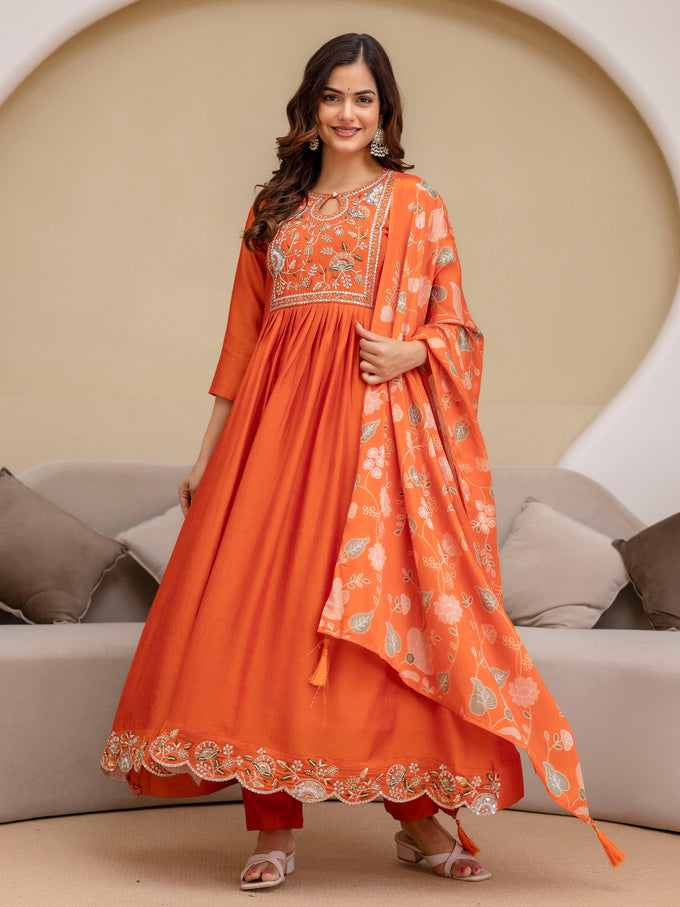 Orange Art Silk Hand Work Embroidery Anarkali Kurta Pant with Dupatta Trendmalls
