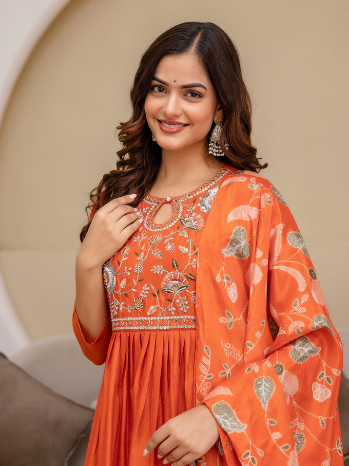 Orange Art Silk Hand Work Embroidery Anarkali Kurta Pant with Dupatta Trendmalls