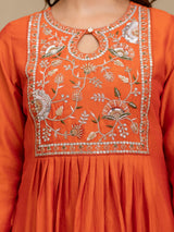 Orange Art Silk Hand Work Embroidery Anarkali Kurta Pant with Dupatta Trendmalls