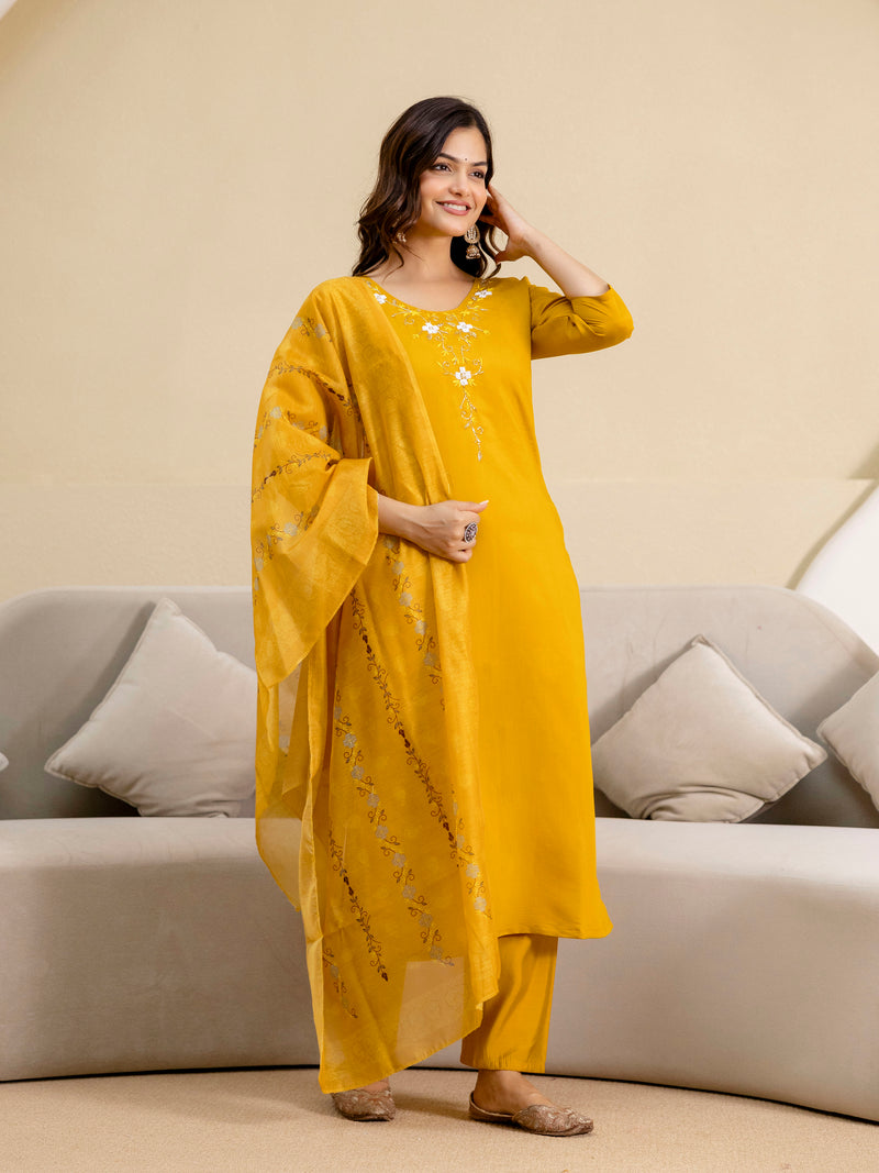 Yellow Chanderi Embroidery Salwar Suit with Dupatta Set For Women's
