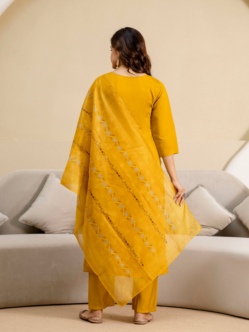 Yellow Chanderi Embroidery Salwar Suit with Dupatta Set For Women's