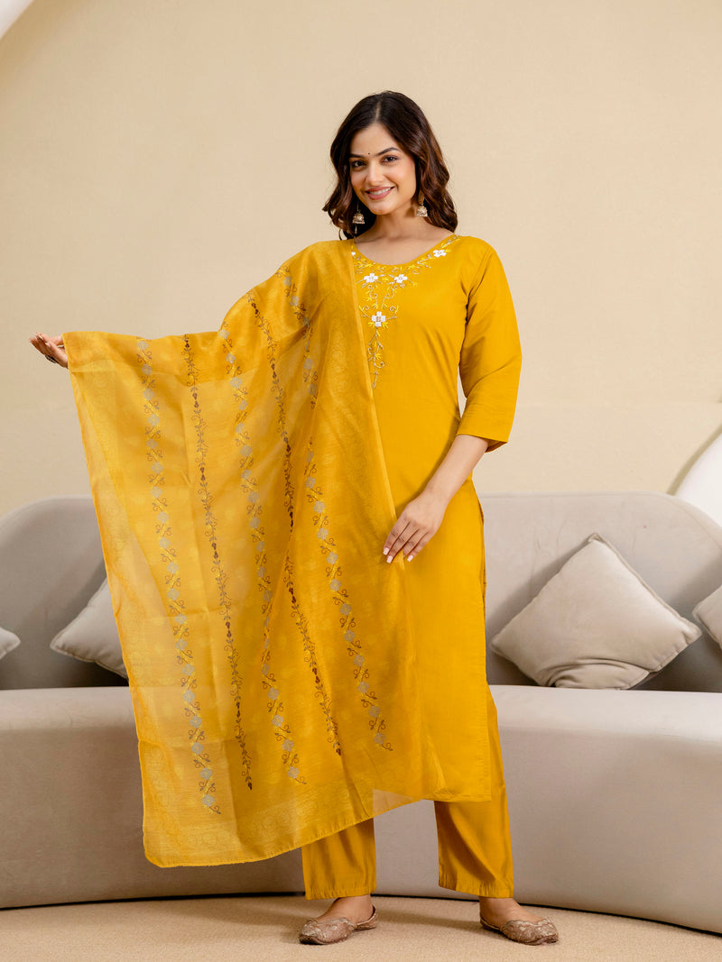 Yellow Chanderi Embroidery Salwar Suit with Dupatta Set For Women's