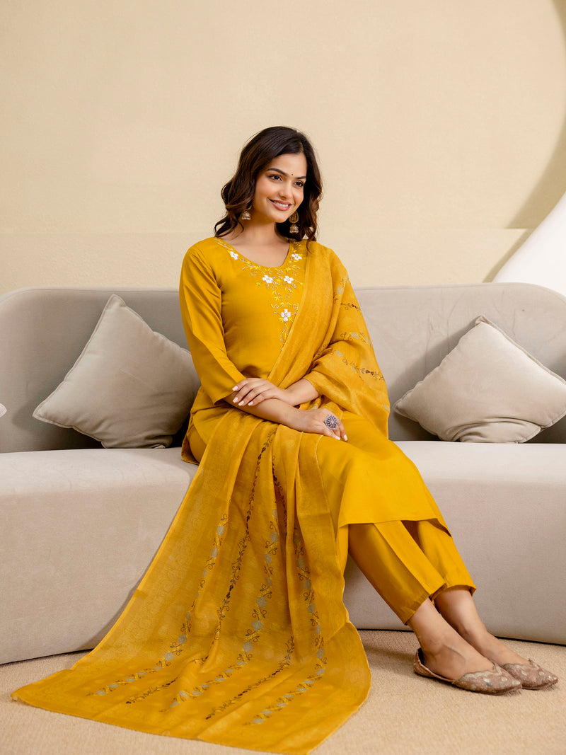 Yellow Chanderi Embroidery Salwar Suit with Dupatta Set For Women's