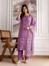 Purple Roman Chanderi Embroidery Salwar Suit with Dupatta Set For Women's