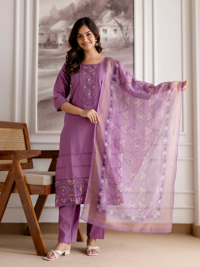 Purple Roman Chanderi Embroidery Salwar Suit with Dupatta Set For Women's Trendmalls
